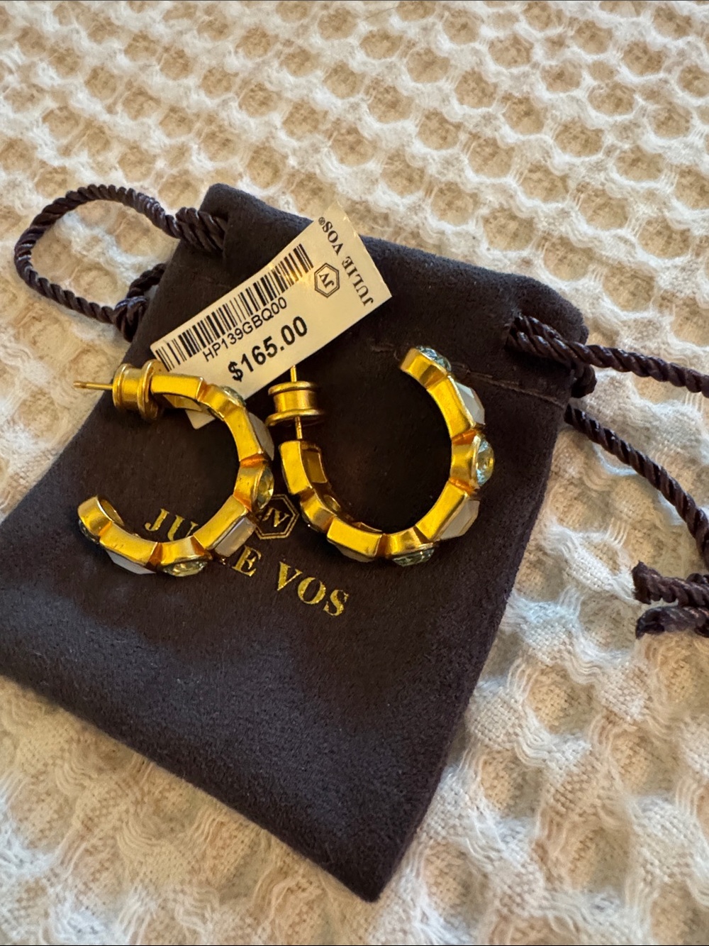Julie Vos sparkling hoop earrings Brown Leather Drawstring Pouch with Gold Logo